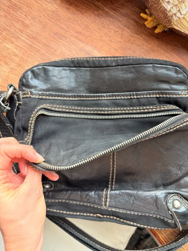 Fossil Black Canvas Leather Trim Crossbody Square Messenger Bag - Image 4