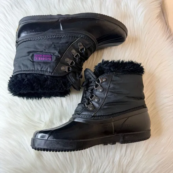 Sorel Kaufman Canada Snow Boots Winter Faux Fur Trim Black Size Y6/W8 - Image 7