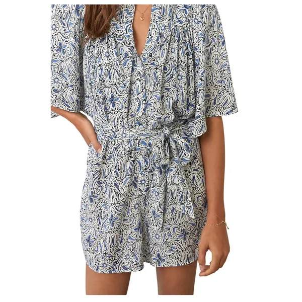 Anthropologie Blue Floral Modal Mini Romper Flutter Sleeve Belted Pockets Small‎ - Image 2