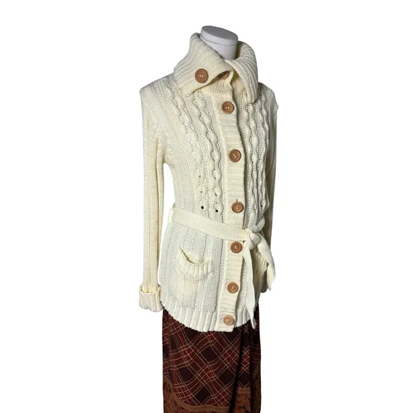 Vintage Belted Cable Knit Portrait Collar Cardigan Cream Korea M Medium - Image 2