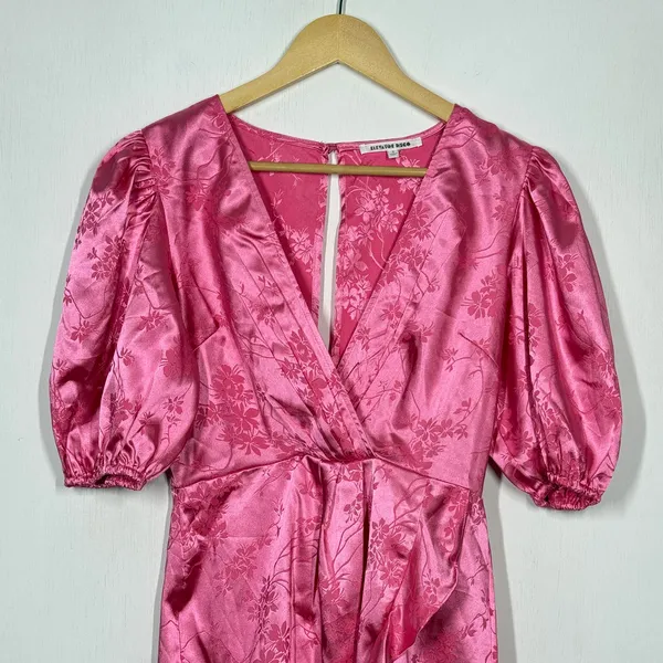 Elevator Disco Mini Dress Womens Size Small Pink Floral Surplice Neck Ruffle Hem - Image 3