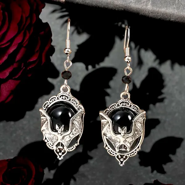 Gothic Bat Cameo Vintage Style Synthetic Black Silver-Plated Alloy Drop Earrings - Image 5