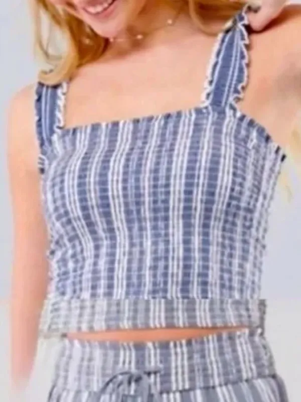 Hollister NWT Blue & White Striped Smocked Ruffle Lettuce Edge Strap Crop Top - Image 8