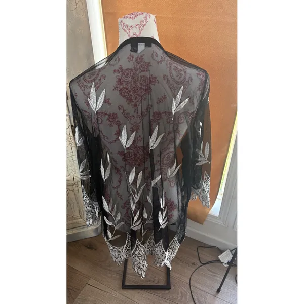 Alfani Black Mesh Embroidered Kimono Cardigan Swim Cover Up Large‎ Fairy - Image 3
