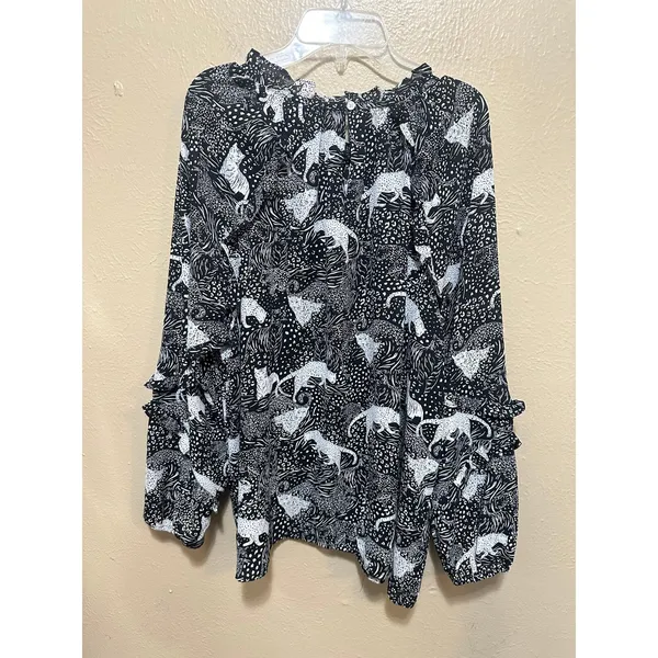 Loft Outlet Womens Size L Black White Animal Print Ruffle Long‎ Sleeve Blouse - Image 3