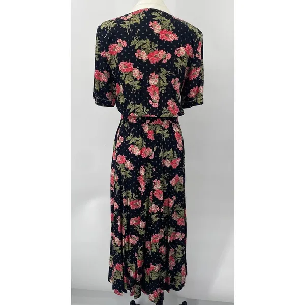 Vintage 80s Floral Shirtdress Button Down Belted Maxi Union Made Black Pink XS - Image 7