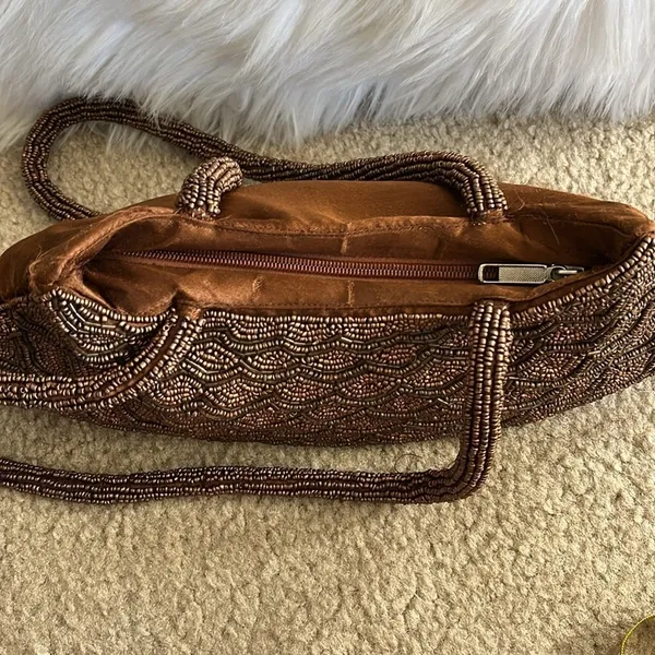 Vintage brown beaded fish scale triangle shape double handle satin handbag purse - Image 2