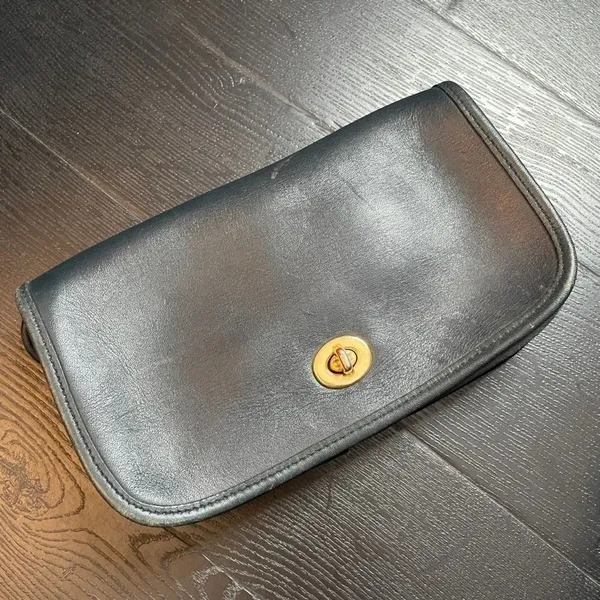 Vintage Navy Blue Genuine Leather‎ Crossbody Bag Gold Turnlock Flap Shoulder Bag - Image 2