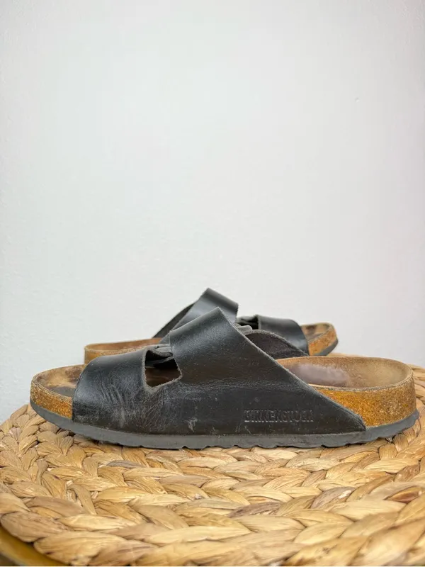 Birkenstock Arizona Sandal Black Leather Two-Strap Slide Sandals - Image 2