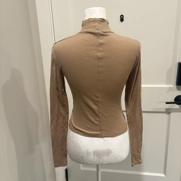 American Eagle Ribbed Turtleneck Top Beige Long Sleeve Fitted Stretch Women’s S - Image 2