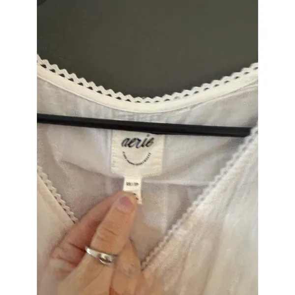Aerie‎ White Cotton Gauze Lace Ruffle Romper Smocked Waist V-Neck Long Sleeve XS - Image 8
