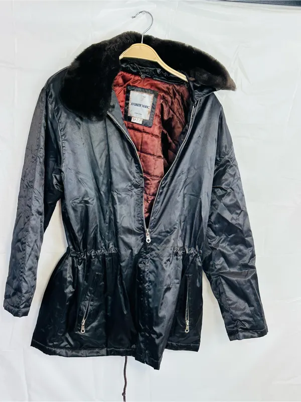 Andrew Marc Black Trench Coat with Brown Fur Collar - Image 2