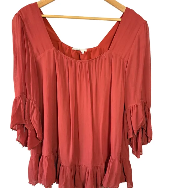 Floreat Anthropologie Ruffle Beaded‎ Blouse Top Rust Size Large - Image 6