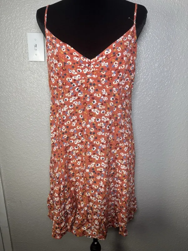 Aeropostale V-Neck Floral Mini Dress Large Orange Red Ditsy Flower Sundress - Image 3