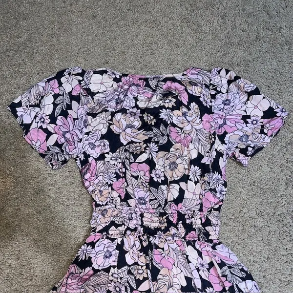 Natural Life Bella Floral Maxi Tiered V-Neck Puff Sleeve Rayon Dress Pink Gray M - Image 7