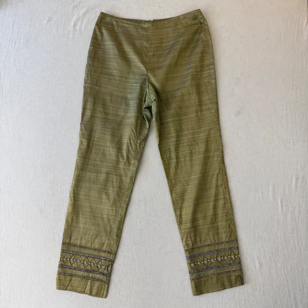 Muse 2 Piece Pant Set Womens 8 Green 100% Silk Beaded Embroidered Crop Top Pants - Image 9