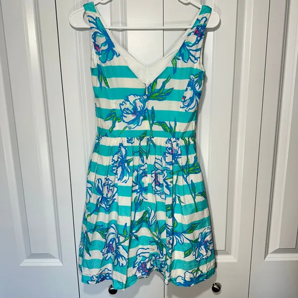 Lilly Pulitzer Roswell Dress Tossing the Line Shorely Blue Stripe Silk 00 Resort - Image 3
