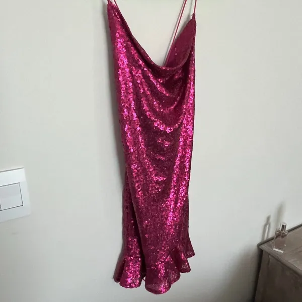 Lena Hot Pink Sequin Mini Dress with Lace up Back - Size Large - Image 4