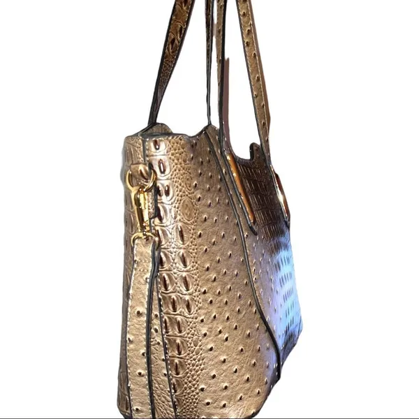 Isabella vegan leather ostrich satchel! Taupe in color with unique design! - Image 5