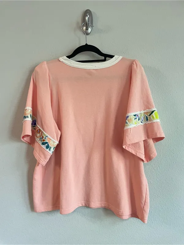 Easel Flower Patch Puff Sleeves Soft Washed Terry Knit Top Size Large - Image 6