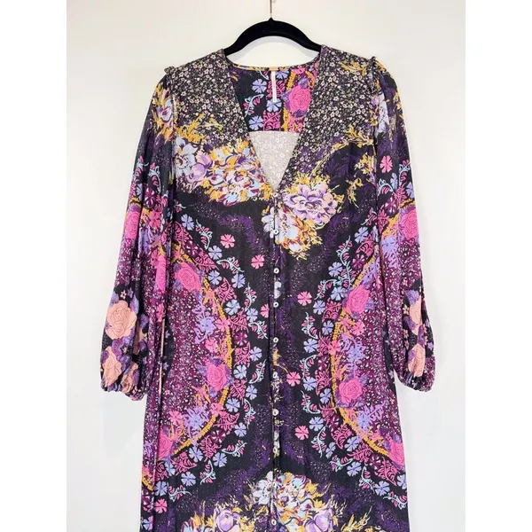 Free People Womens Dress Purple Marais High Low Floral V Neck Flowy Boho Small - Image 7