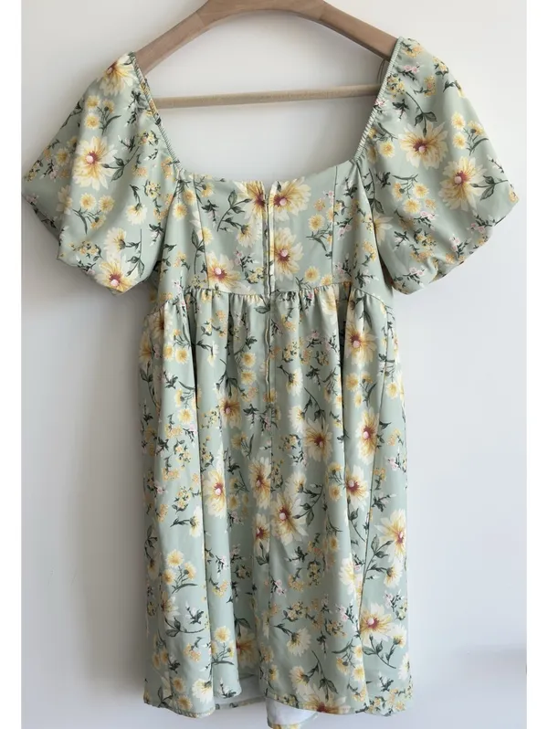 Altar’d State Floral Babydoll Mini Dress Puff Sleeve Sage Green Medium - Image 4