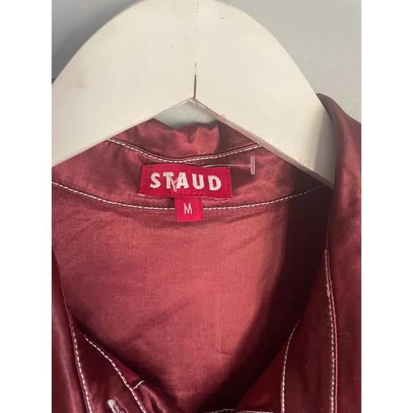 STAUD Bentley Burgundy Satin Short Sleeve Belted Mini Shirt‎ Dress Size M - Image 4