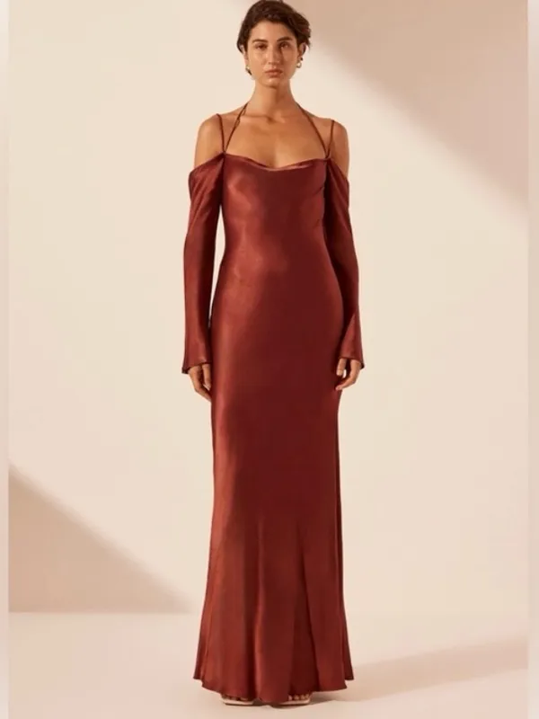 Shona Joy Lino Off Shoulder Tie Maxi‎ Dress Mahogany - Image 3