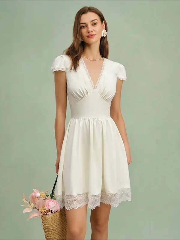 Rihoas Apricot V Neck Lace Splicing Mini Dress - Image 2