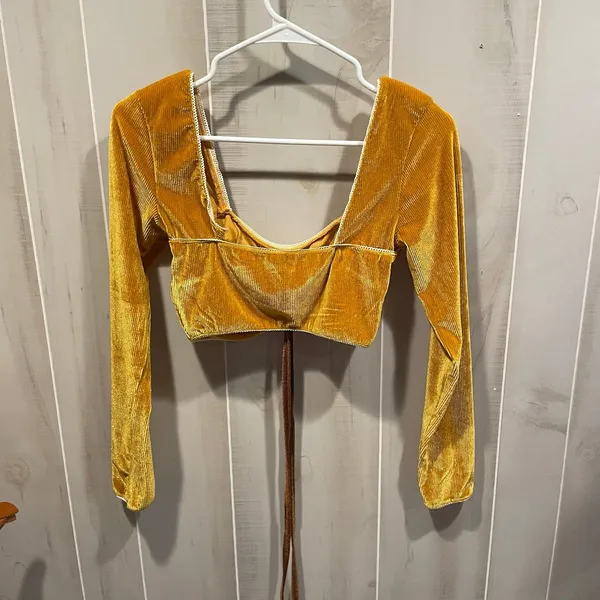 Cute golden ribbed corduroy stretchy cinched tie long sleeve crop top Cider - Image 7