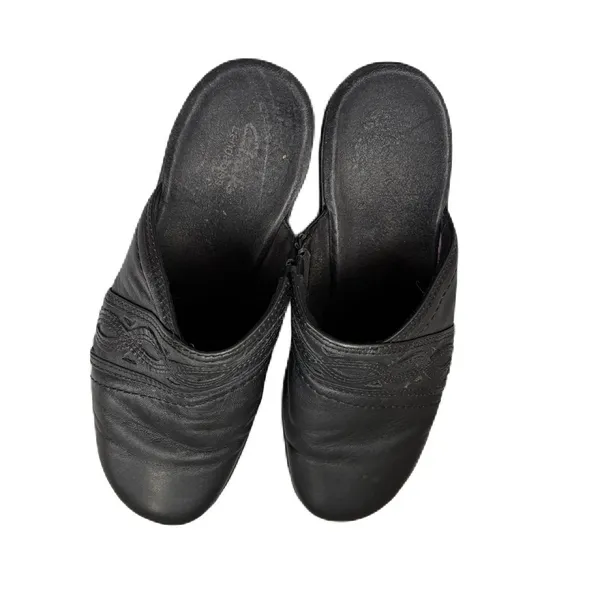Clarks Black Leather Women's Clogs Slip-On Shoes Size 9 Mules Clog Block‎ Heel - Image 2