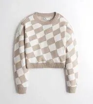 Hollister Beige and White Checkered Knit Sweater Crewneck Size XS - Image 3