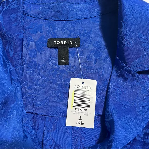 NWT Torrid Royal Blue Jacquard Tie Waist Open Front Trench Coat‎ 2X - Image 9