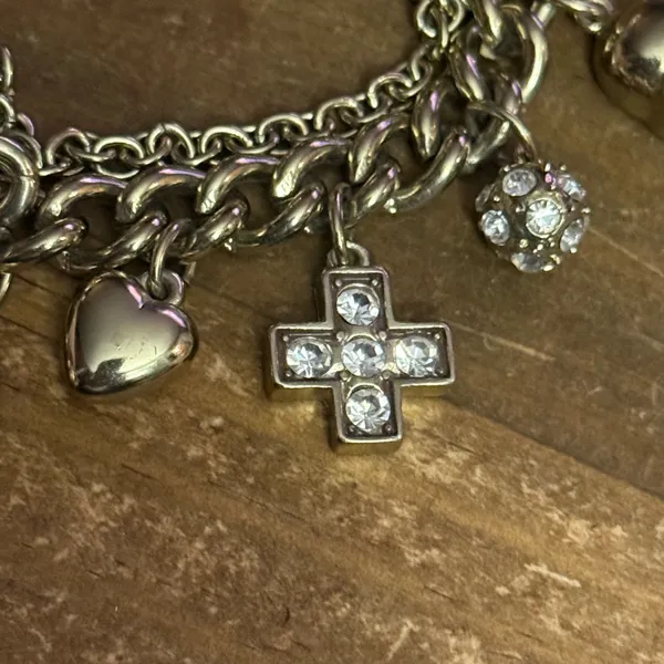 Chunky silver tone crosses, hearts and skulls charm bracelet - Image 4