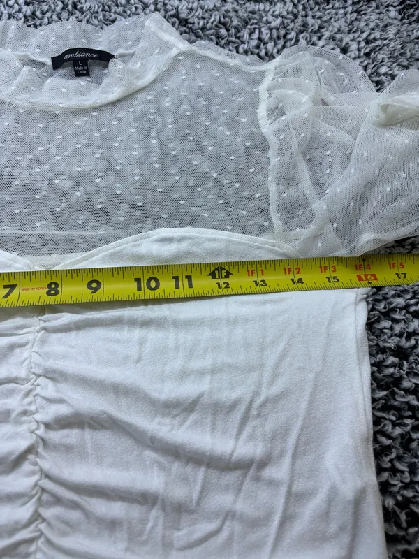 White Coquette Romantic Swiss Dot Mesh Long Sleeve Ruched Sweetheart Crop Top Size L - Image 4