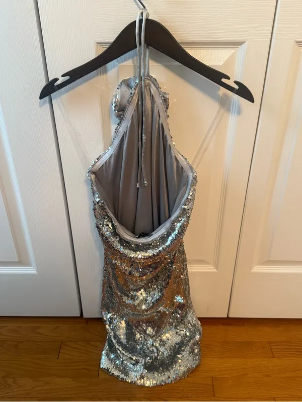 Anthropologie Delfi Collective Sequin Halter Mini Dress in Silver - Image 3