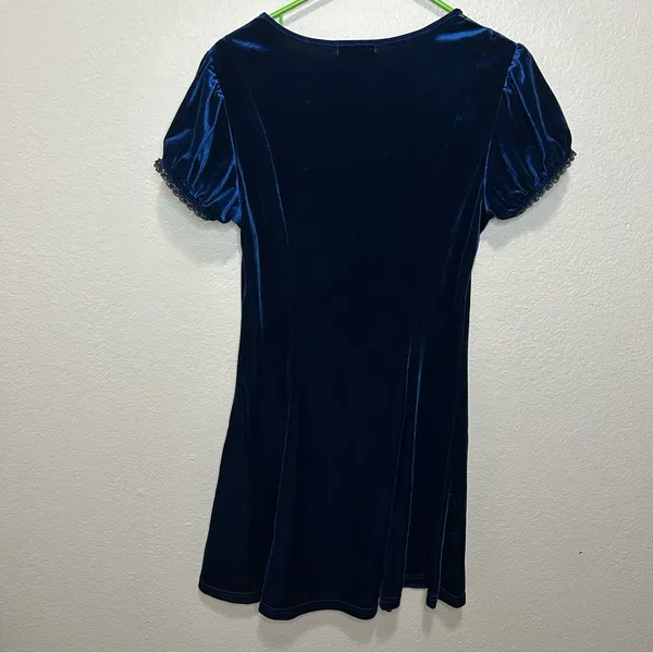 Hot Topic Blue Velvet Sweetheart Dress Whimsigoth Mesh Lace Puff Sleeve Mini M - Image 4