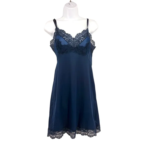 Vtg 60s Hollywood Vassarette Lace Trim Silky Slip Dress Sz Small Dark Coquette - Image 2
