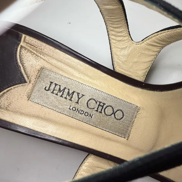 Jimmy Choo Wedge Sandals Black Suede and Chocolate Brown Patent Leather EU 39 - Image 4