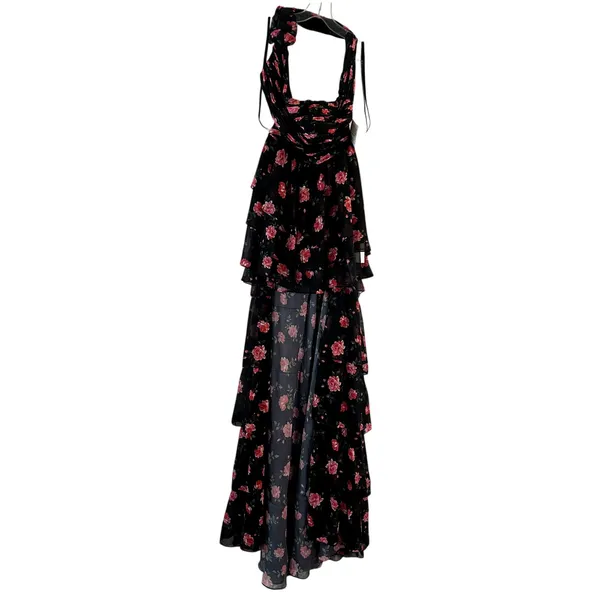 Mac Duggal 70246 One Shoulder Ruffled Rose Floral Gown Maxi Dress Black size 4 - Image 3