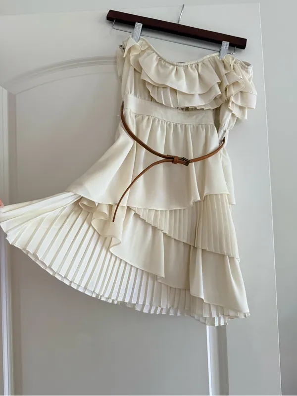 Papaya Cream Asymmetrical Ruffle Skirt with Belted Waist - Image 3