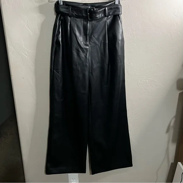 Loft Black Faux Leather High Rise Wide-Leg Belted Fleece Lined Trouser‎ Pants - Image 3