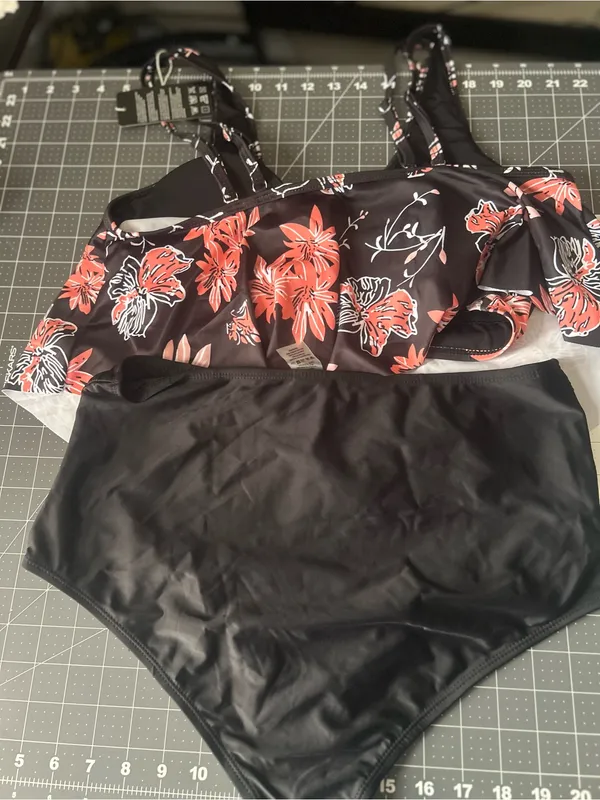 Black Floral High-Waist Bikini Set - Coral & White Flowers - Image 6