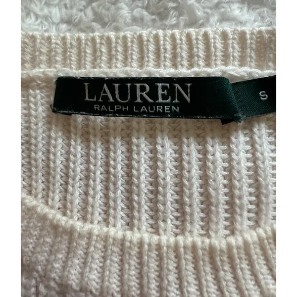 Lauren Ralph Lauren Sweater Womens Size S Ivory Rib Knit Ribbon Sleeve Cotton - Image 3