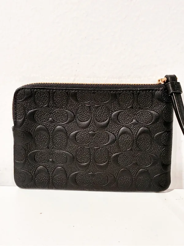 Coach Black Signature Embossed Leather Wristlet Pouch - Image 4