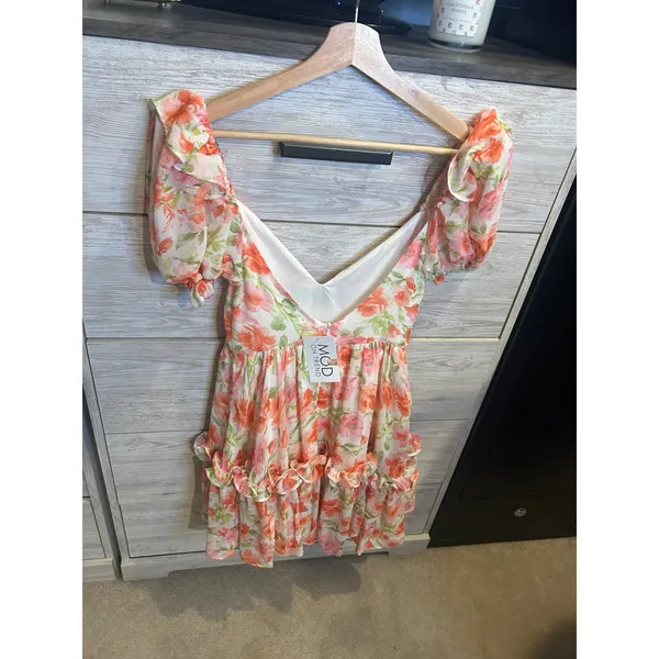 MOD On Trend Pure Elfin Rosie Puff Sleeve Floral Mini Dress Orange Pink Small - Image 3