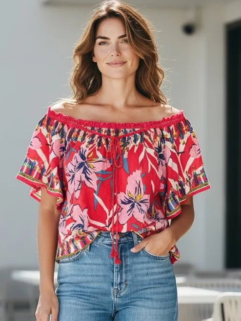Flying Tomato Pink Floral Off-Shoulder Peasant Top Size M - Image 7