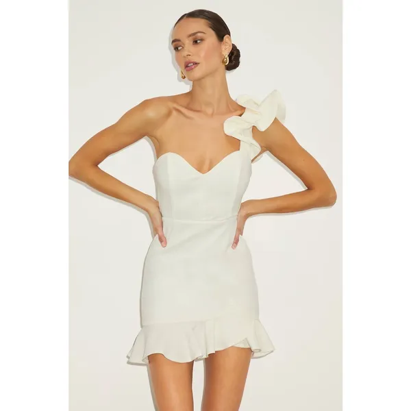 WT Lulus Captivate Me White One-Shoulder Ruffled Trumpet Mini Dress Bride Medium - Image 4