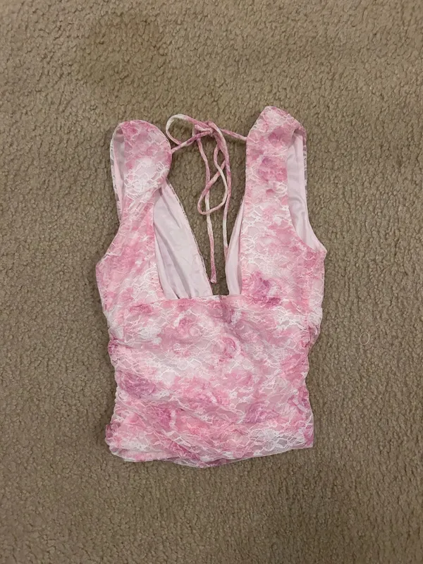 Wild Fable Blush Floral Lace Ruched Tank Top XS - Image 3
