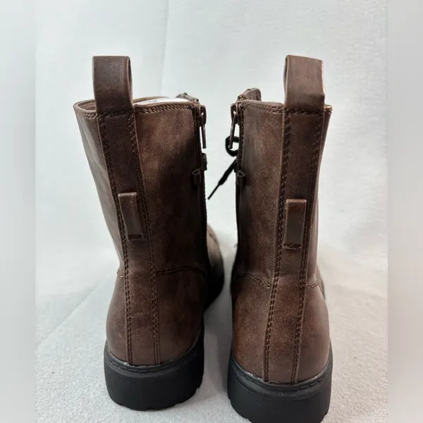 SO 8 BOWFIN Lug Sole Chunky Brown Lace Front Side Zip Ankle Boots - Image 4